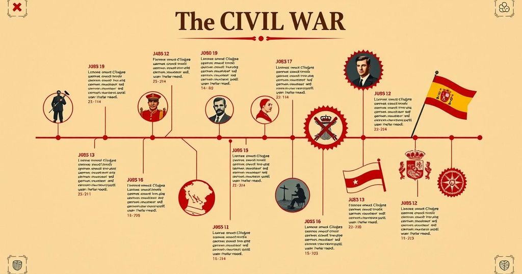 Historic timeline of Spanish Civil War events from 1936 to 1939, depicting significant milestones and changes.