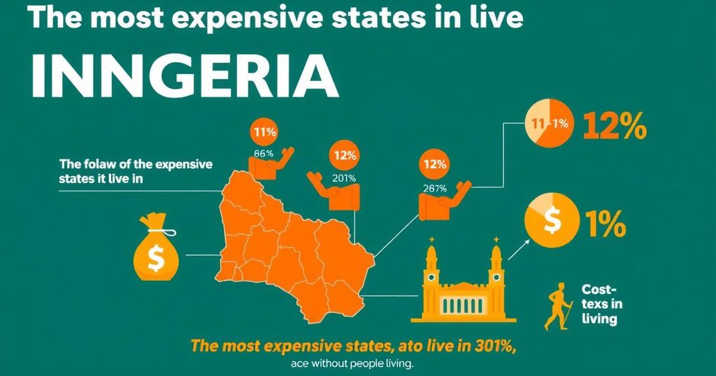 Graphic illustration depicting economic statistics related to high cost of living in Nigeria's states with various colors.