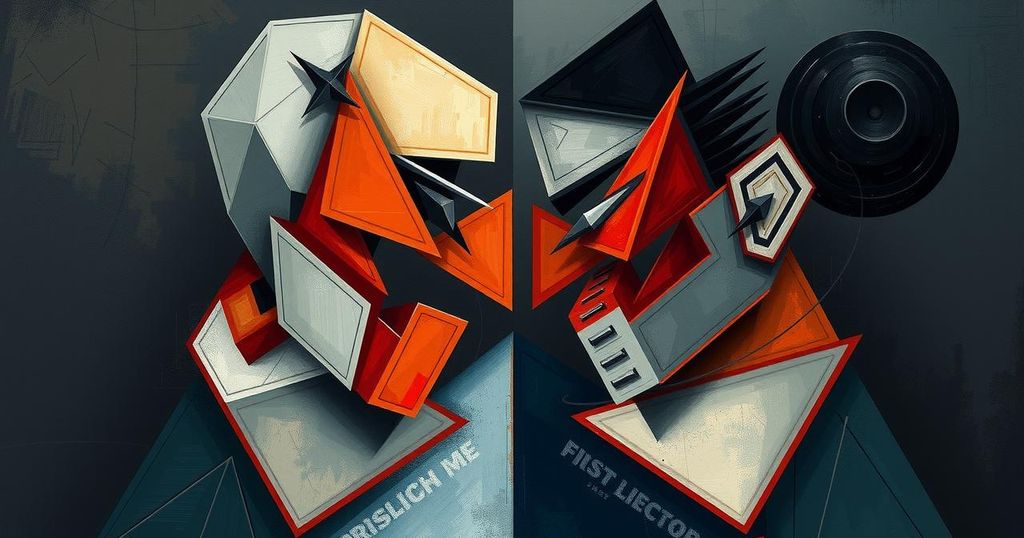 A dramatic tension-filled scene of abstract shapes representing conflict between two forces in a muted color palette.
