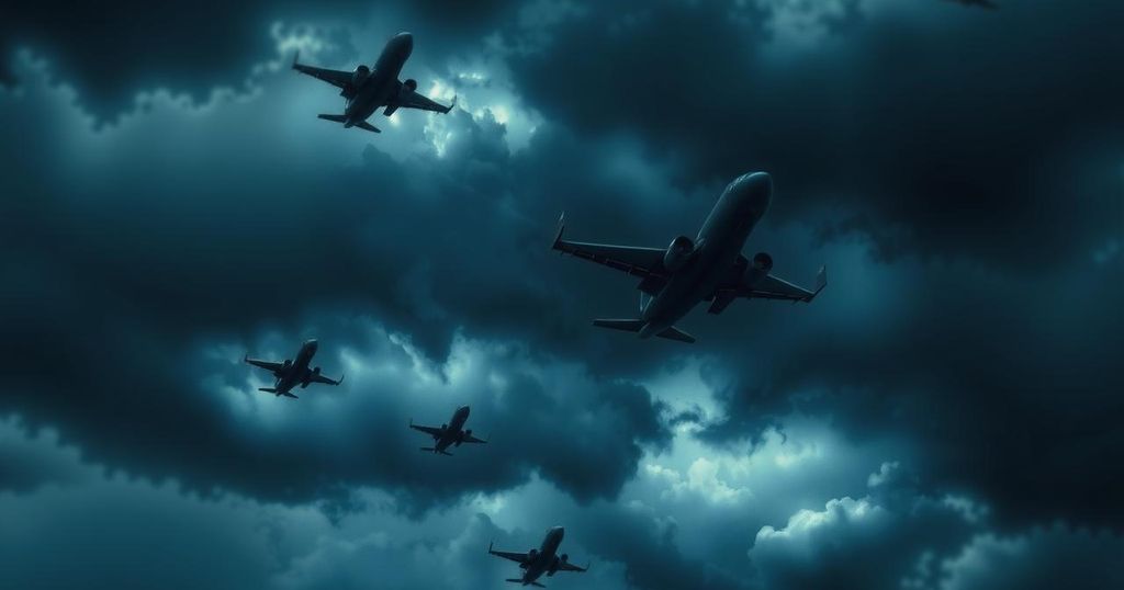 Dramatic skyline with military aircraft and dark clouds, reflecting tensions between nations in a warlike atmosphere.