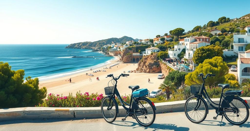A scenic view of Ibiza's vibrant coastline, showcasing vehicle restrictions with parked bicycles under a sunny sky.