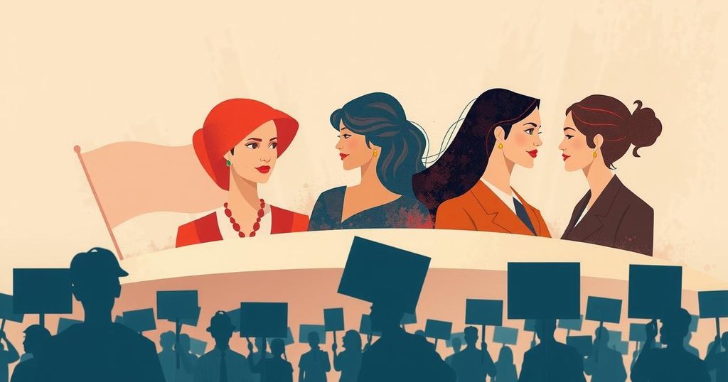 A symbolic representation of female leadership amidst controversy, featuring a summits backdrop and protest elements in muted tones.