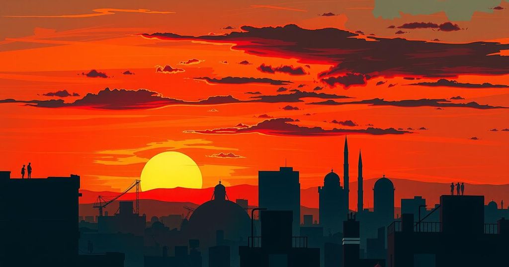 Silhouetted skyline of Khartoum at sunset with contrasting shadows representing conflict and division.