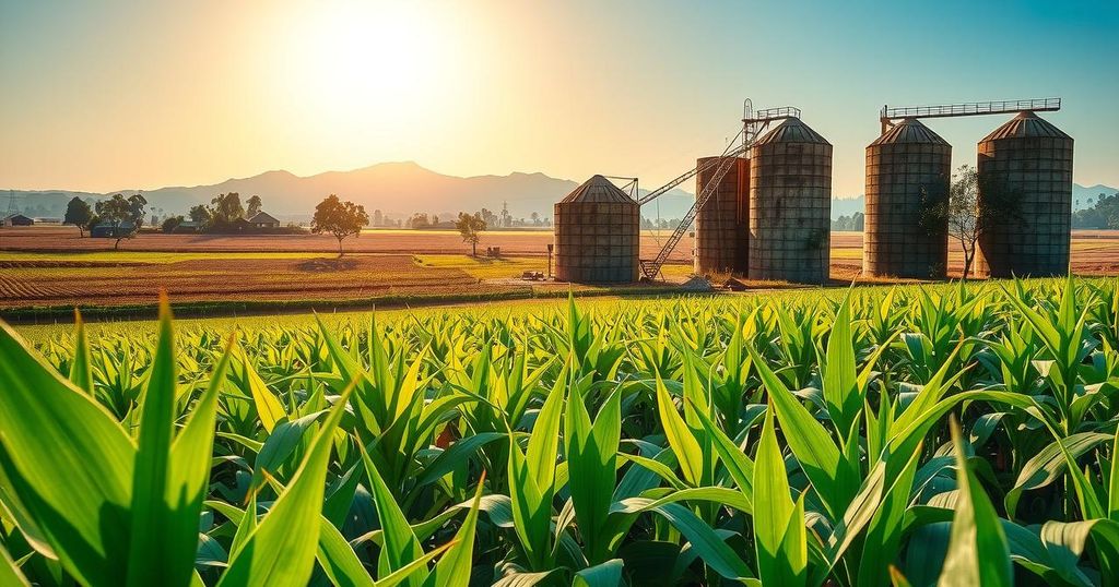 Landscape of Ghanaian farmland with crops and silos under a clear blue sky, representing agricultural challenges and efforts.
