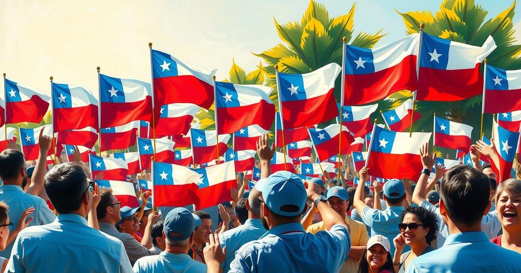A vibrant political rally scene showcasing Chilean flags and supporters celebrating an election victory.