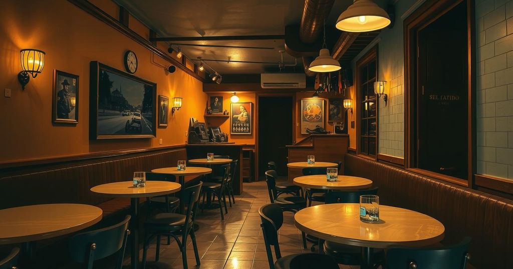 A dimly lit bar interior in Santiago, Chile, with empty tables and a closed sign, showcasing the impact of crime on businesses.