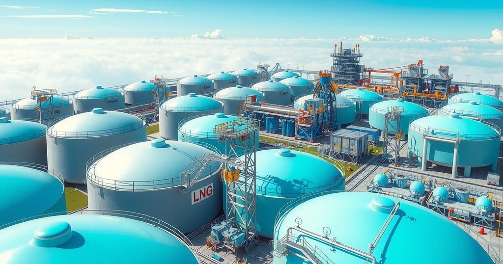 A streamlined LNG terminal with tankers in a coastal setting under vibrant blue skies, showcasing industrial progress.