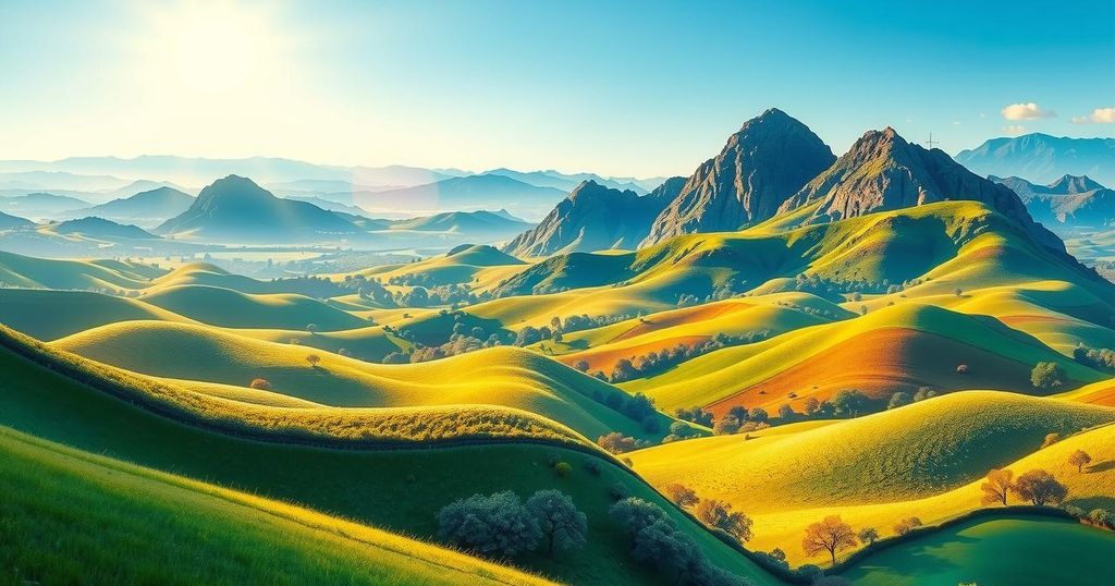 Colorful African landscape symbolizing peace treaty between Rwanda and Congo, with serene mountains and valleys.