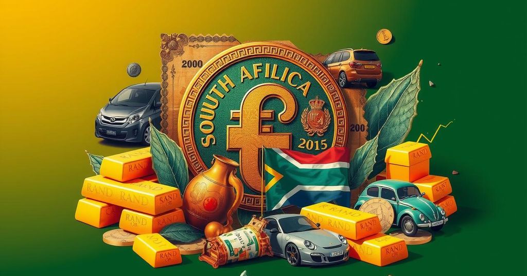 South African rand currency symbol with gold bars and automotive imagery, representing economic growth and trade sentiments.