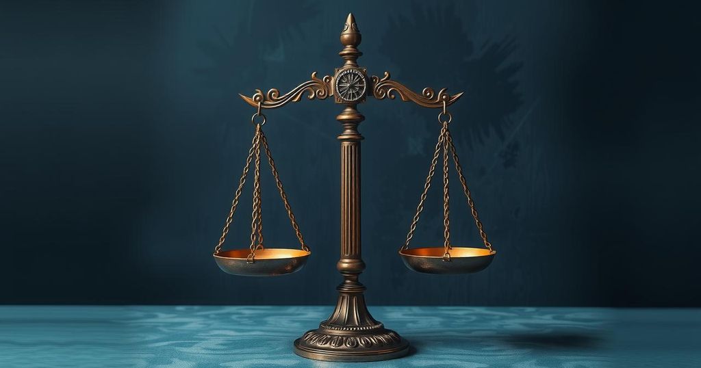 A symbolic representation of justice, featuring a balanced scale against a backdrop of somber colors, conveying hope.