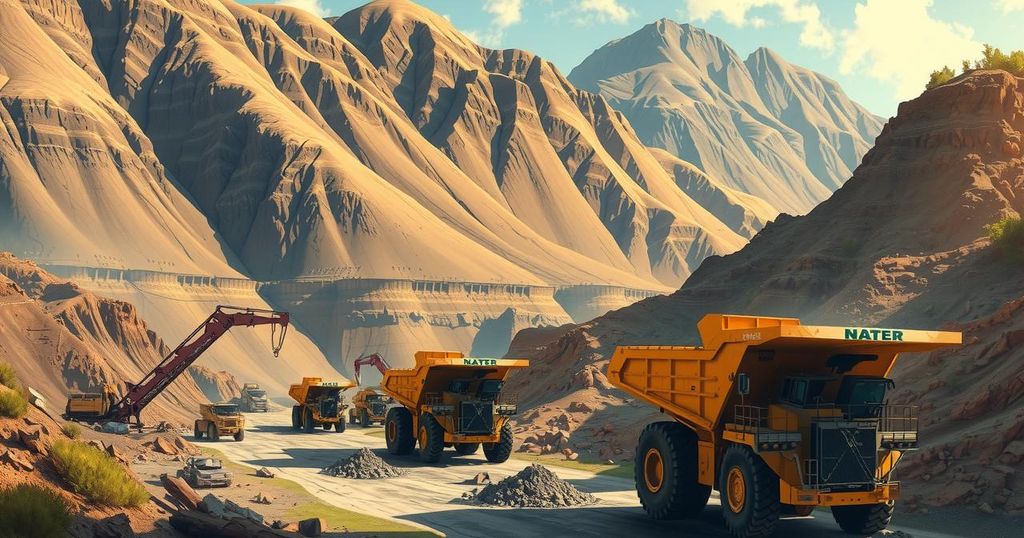 Copper mining landscape with machinery and mountains, representing Chile's economic future and political choices.
