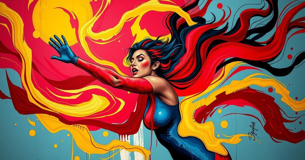 Colorful abstract scene representing political tension in Colombia with dynamic, swirling shapes and bold tones.