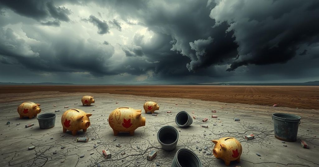 A symbolic depiction of corruption in Zimbabwe, featuring dark clouds over a landscape filled with broken piggy banks and empty resources.