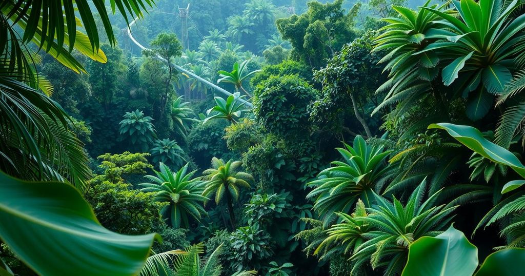 Amazon rainforest landscape representing COP30 climate summit with vibrant colors, showcasing lush greenery and wildlife.