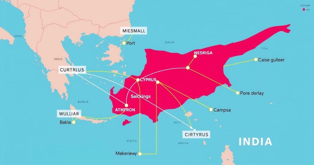 Strategic map of Cyprus highlighting trade routes and partnerships in the Mediterranean, vibrant colors