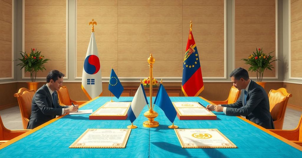 A peace treaty signing scene between two countries in a diplomatic setting with flags and a celebratory atmosphere.