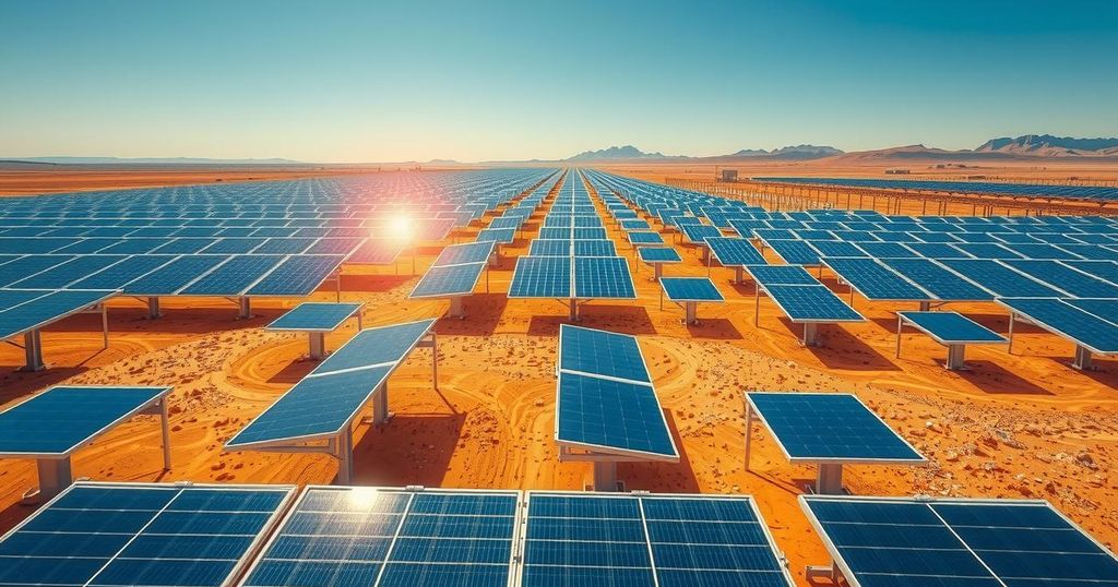 A vast solar panel array in a desert landscape under a bright blue sky, showcasing renewable energy and land resilience.