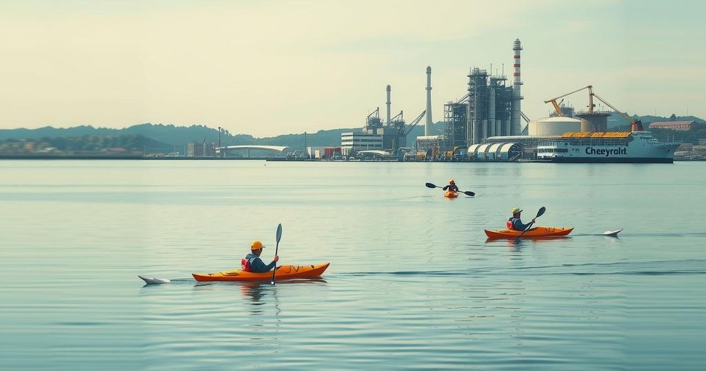 Indigenous leaders kayaking in San Francisco Bay near a Chevron refinery, highlighting environmental concerns.