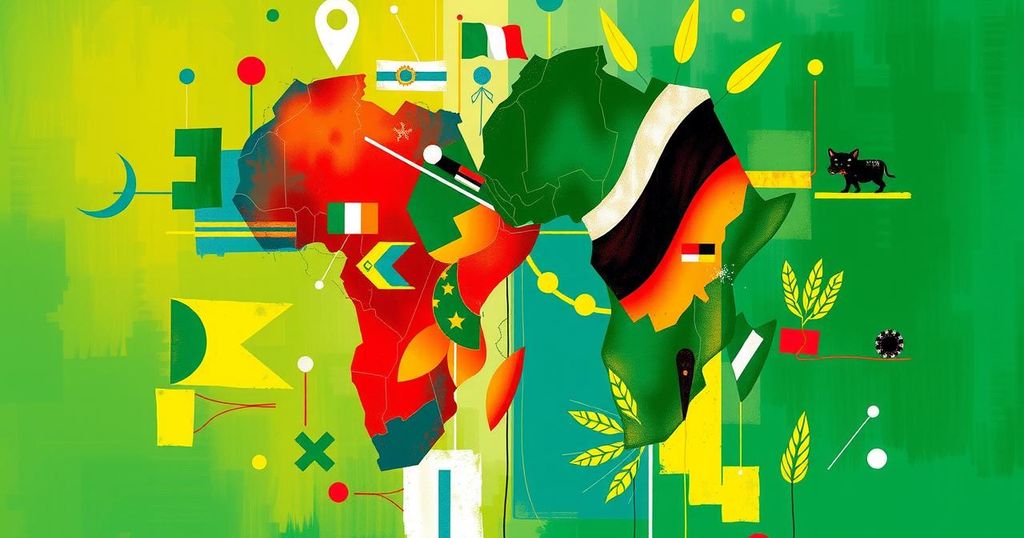 Colorful representation of African nations achieving UN Security Council seats with abstract symbols of peace and unity.