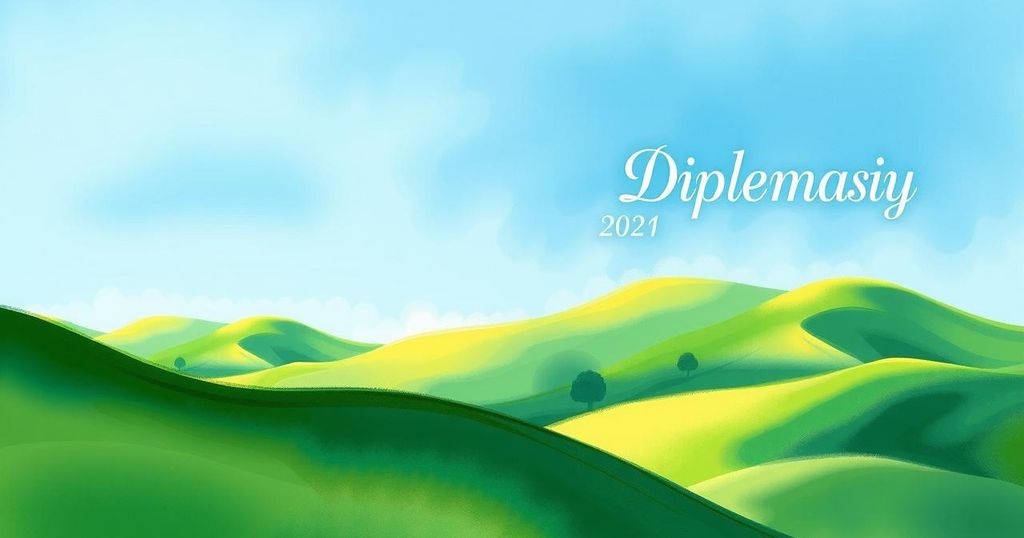 A peaceful landscape depicting a serene sky and lush greenery symbolizing diplomacy and restraint in international relations.