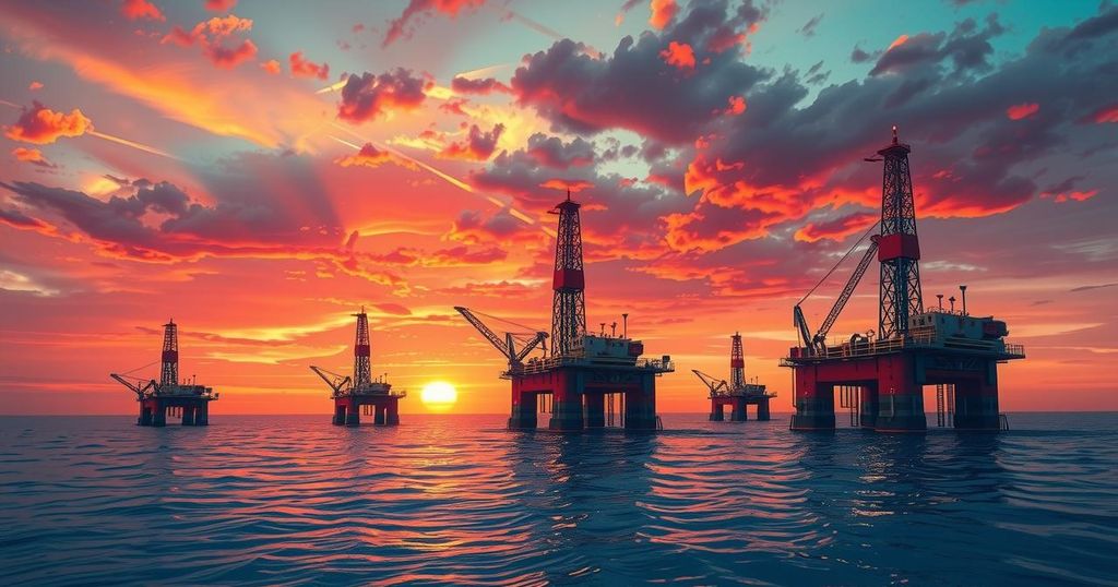 Deepwater exploration in Africa with offshore drilling rigs and sunset hues showcasing Petrobras' new venture.
