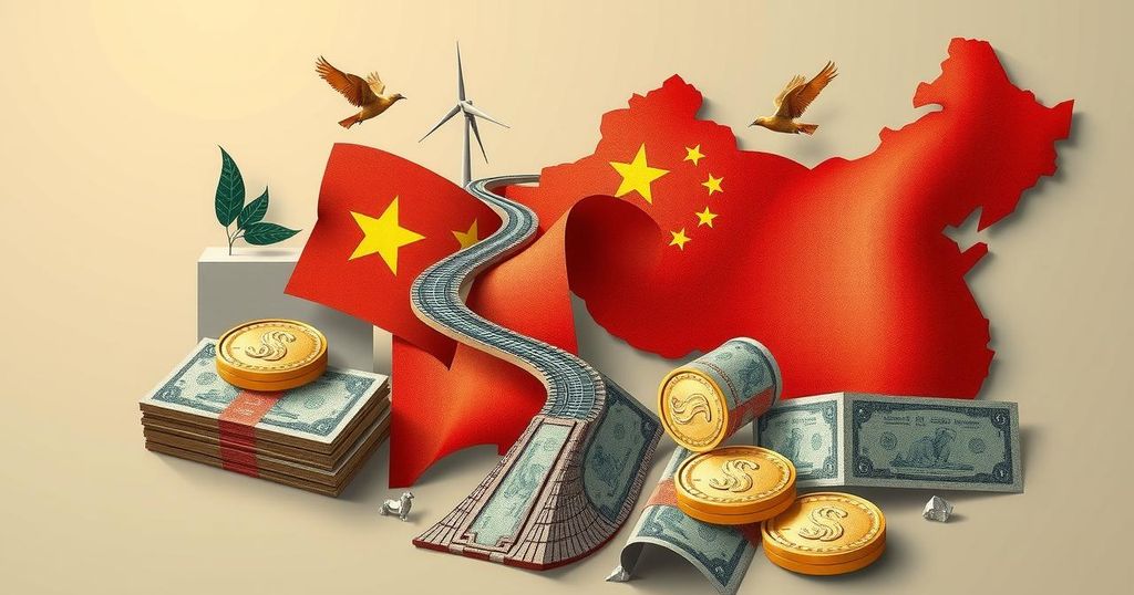 Ghana's financial engagement with China illustrated through symbolic representations of debt and infrastructure projects.