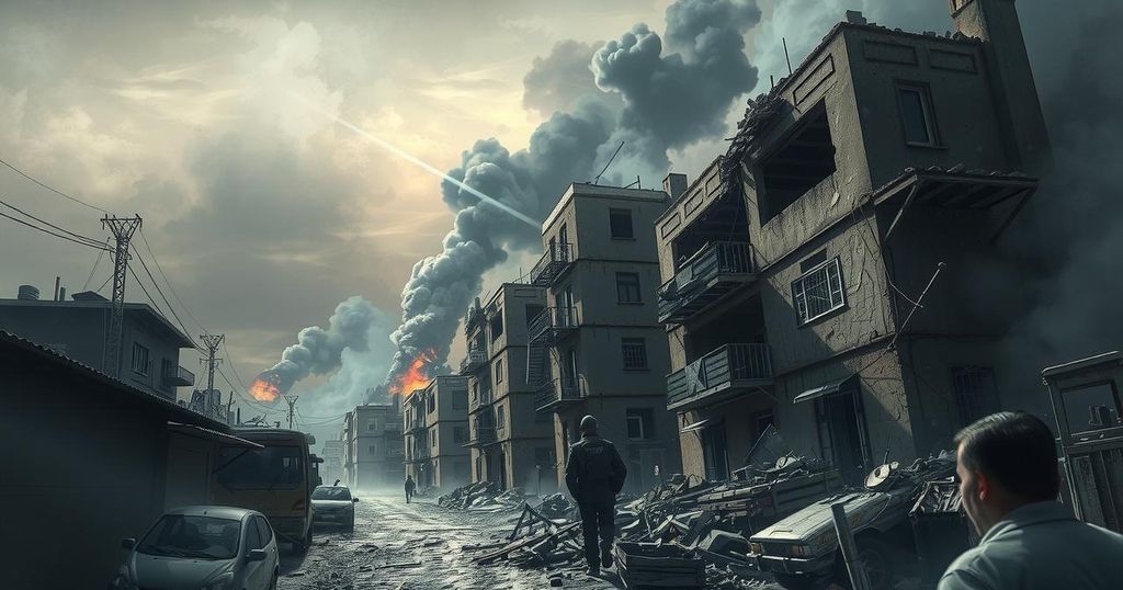 A war-torn urban landscape with destroyed buildings, smoke rising, and remnants of infrastructure amidst chaos.