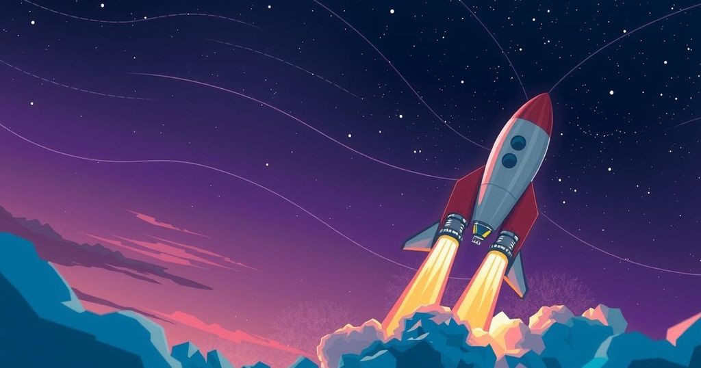 A rocket launches to space with vibrant colors against a twilight sky, symbolizing international collaboration and exploration.