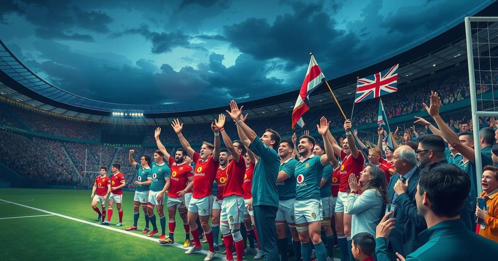 British and Irish Lions rugby victory celebration at Optus Stadium; vibrant colors reflecting team spirit.