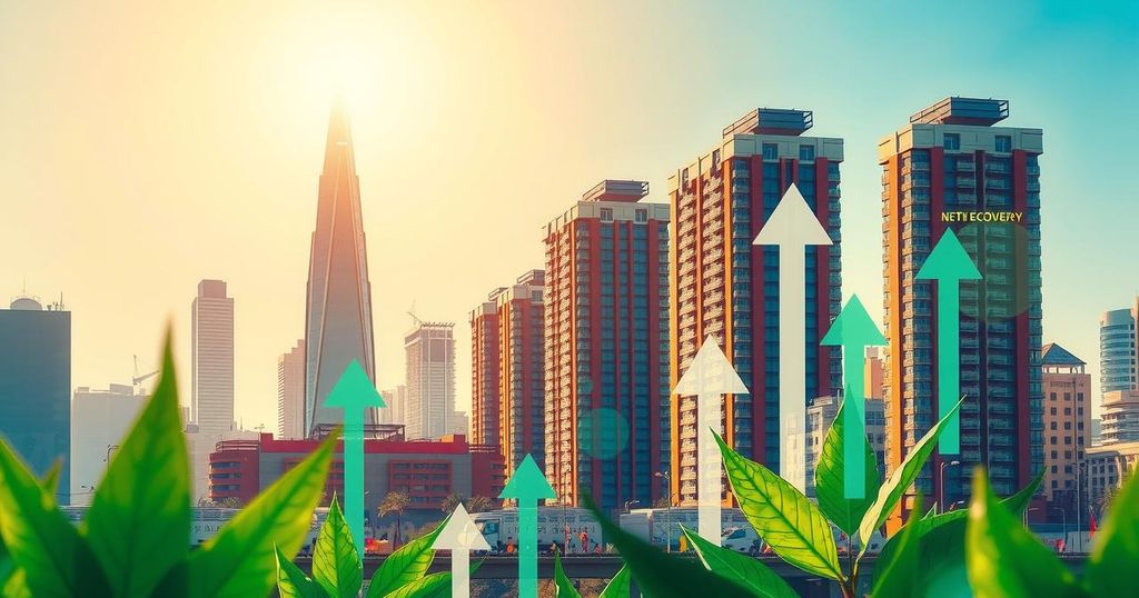 Illustration of Beirut's skyline with growth indicators against a backdrop of a hopeful economic future.