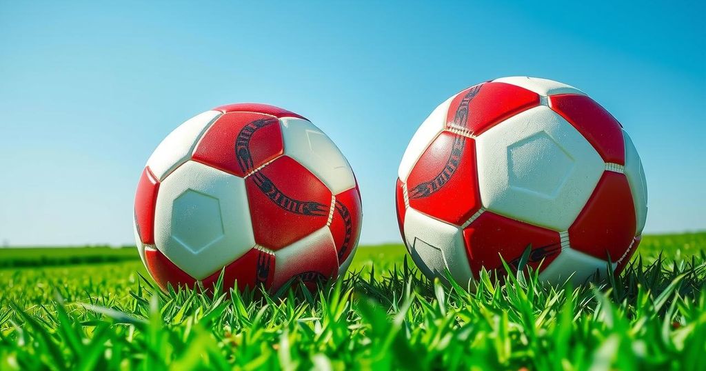 Two soccer balls on a lush green field under a bright blue sky, symbolizing a vibrant soccer game atmosphere.