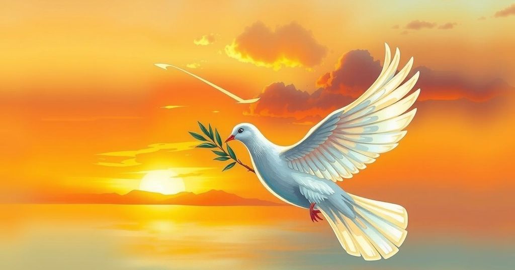 A peace dove carrying an olive branch against a backdrop of a sunset sky symbolizing harmony and ceasefire.