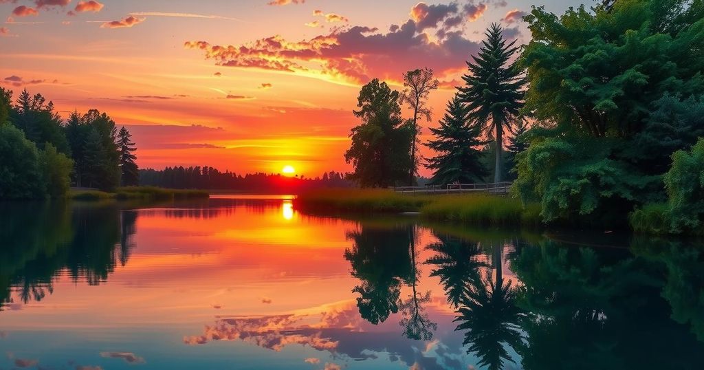 A serene landscape featuring a tranquil sunset over a calm lake with lush trees and vibrant colors.