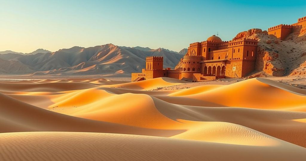 Stunning Moroccan desert landscape with vibrant dunes, traditional architecture, and scenic mountain backdrop.