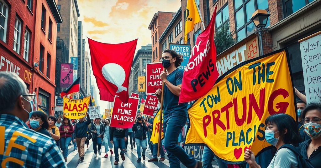 Vibrant street scene showing protests with colorful banners and graffiti, reflecting chaos and a demand for justice.