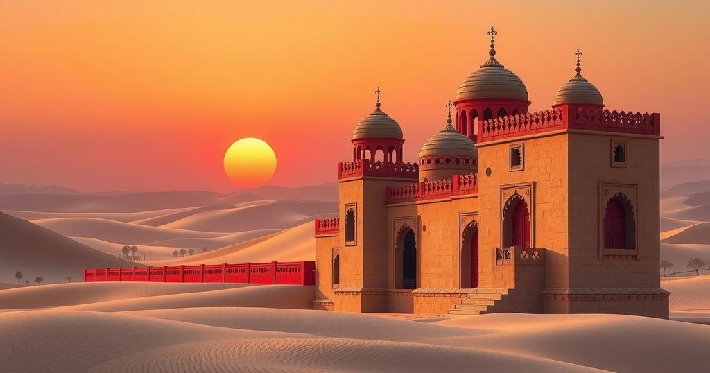 Desert landscape with traditional Arabian architecture under a sunset sky, highlighting themes of cooperation and support.