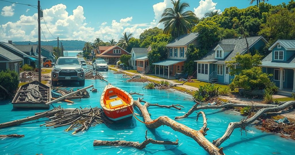 Cleanup effort in Puerto Escondido after a hurricane, showing flood-damaged streets and debris removal.