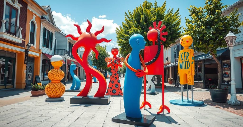 A vibrant street adorned with lively sculptures highlighting community art engagement.