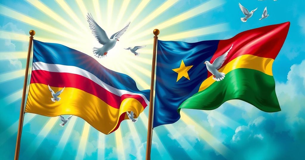 Historic peace celebration with flags and doves, symbolizing unity between Rwanda and Congo.
