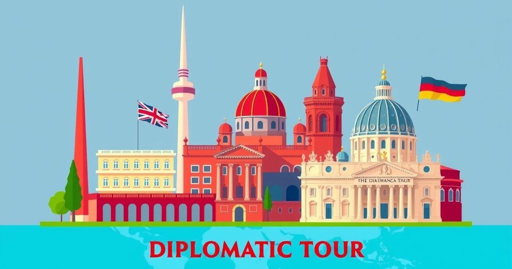 Illustration of global landmarks representing an international diplomatic tour, featuring iconic shapes and vibrant colors.