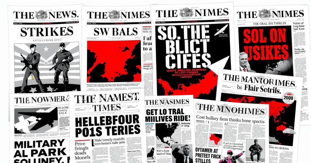Newspaper headlines highlighting military conflict and diplomacy