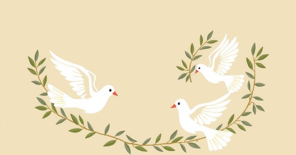 A symbolic representation of Middle East peace talks with dove imagery, olive branches, and a diplomatic setting.