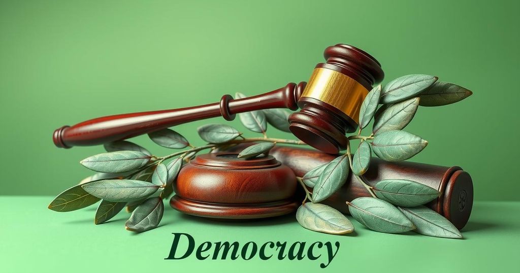 A gathering of symbolic objects representing democracy in Nigeria, featuring a gavel and olive branches with green hues.