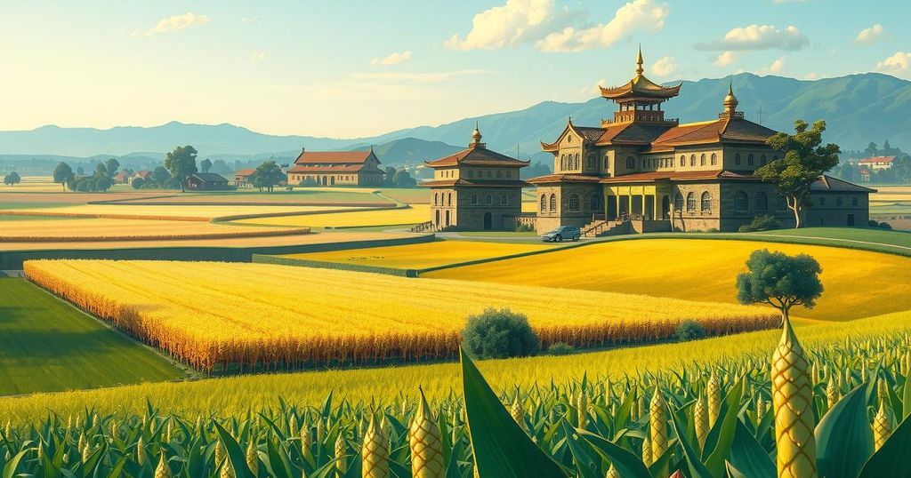A vibrant landscape showcasing Ethiopian agriculture with modern South Korean architecture in the background, symbolizing investment.