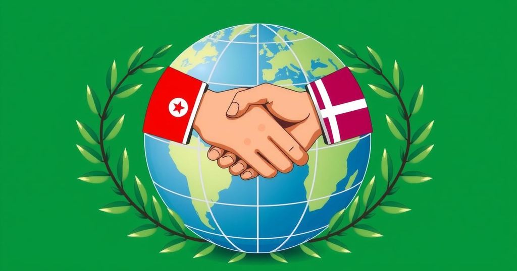 Double handshake symbolizing cooperation between Tunisia and Denmark with olive leaves and a globe in the background.