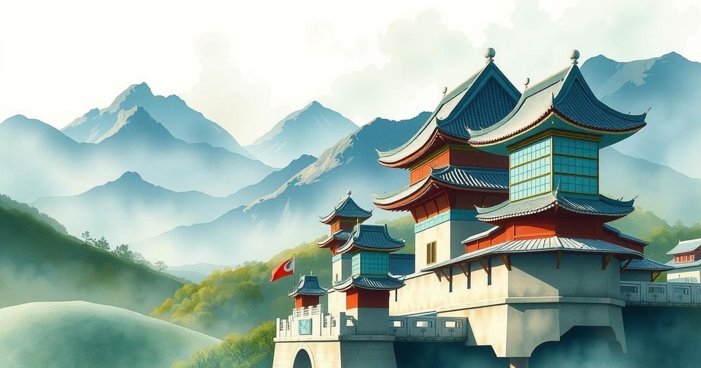 North Korean landscape with mountains and traditional architecture, styled in serene watercolors and soft hues.