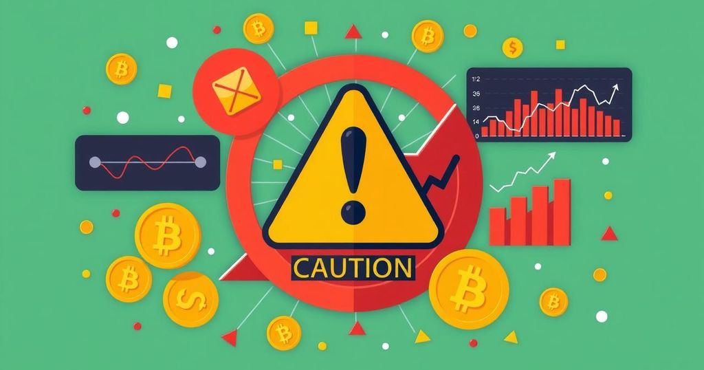 A warning symbol depicting caution against investment with cryptocurrency elements in vibrant hues.