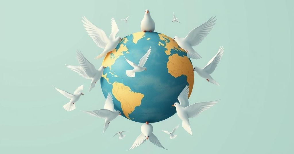 A symbolic representation of global unity opposing travel bans, featuring doves and an earth globe in soft colors.