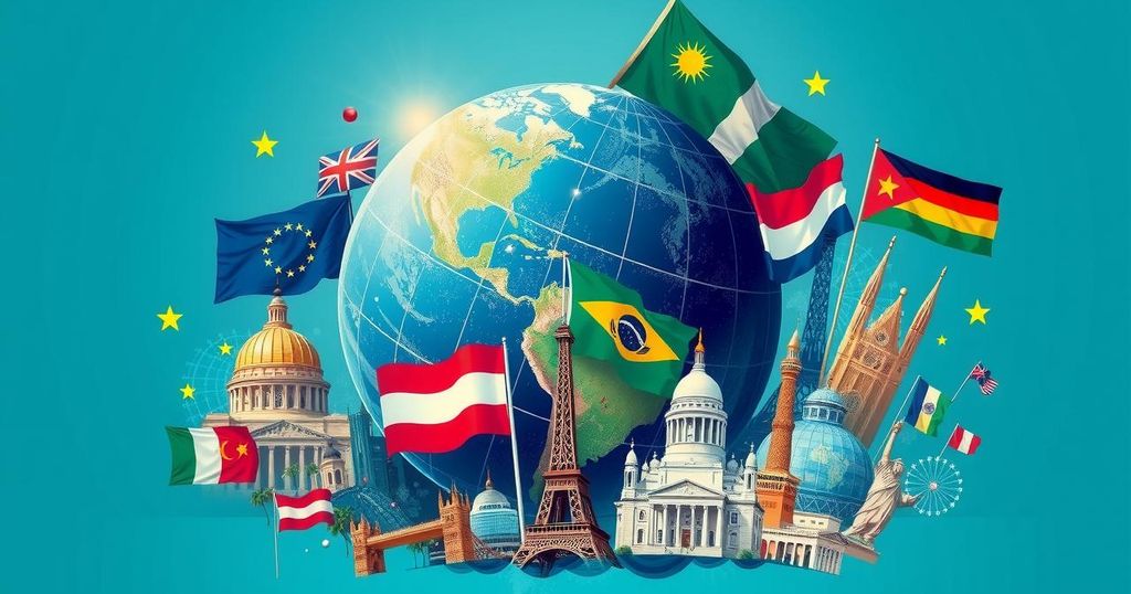 A digital news collage showing flags, landmarks, and symbols representing global politics and recent events.
