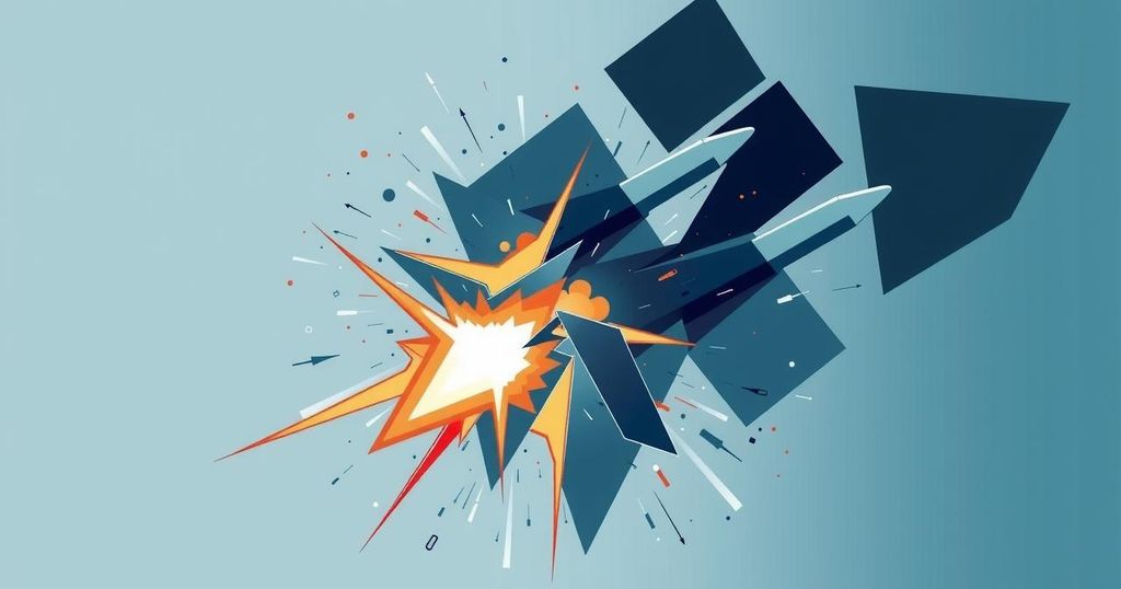 Illustration of a strategic military strike with abstract shapes and cool colors, symbolizing impactful defense operations.